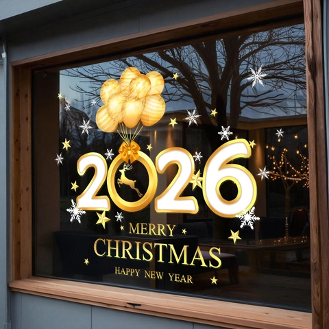 2026 Christmas New Year Window Stickers Static Cling PVC Gold Balloon Reindeer Snowflake Glass Door Decoration Holiday Party