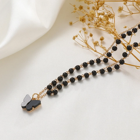 Gothic Dark Double Layer Butterfly Pendant Necklace For Women Vintage Black Beaded Clavicle Chain Alloy Jewelry Gift