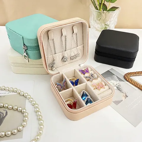 Portable Jewelry Organizer Box PU Leather Travel Case Zipper Multifunctional Earrings Rings Necklace Storage Women Girls