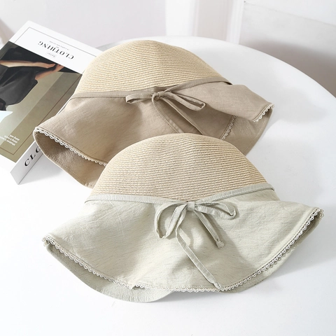 Cappello Da Sole Da Donna A Tesa Larga In Paglia Pieghevole Tessuto Cucito Con Fiocco E Pizzo Traspirante Regolabile