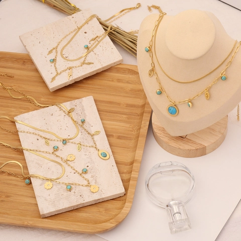 Double Layer Necklace Stainless Steel Turquoise Flower Lightning Zircon Pendant Bohemian Retro Western Jewelry For Women