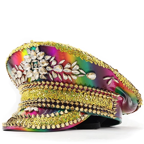 Militär Kapitän Hut Regenbogen Kunstleder Strass Pailletten Festival Performance Bühne Kostüm Für Damen