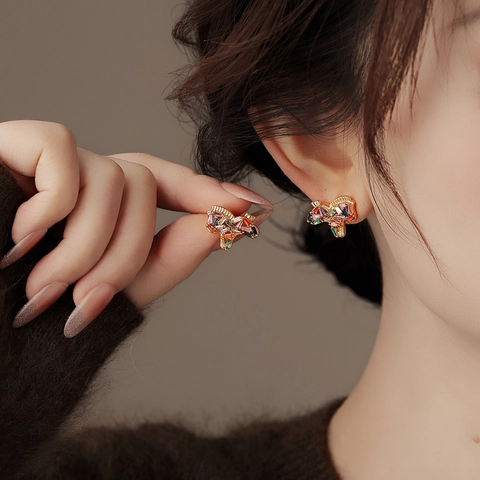 Rainbow Zirconia Horse Stud Earrings Gold Plated Copper With Silver Earring Post Animal Shape Jewelry For Women