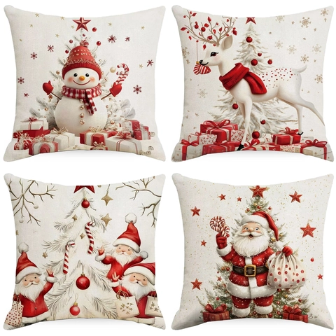 Weihnachts Kissenbezug Leinen Quadratisch Weihnachtsmann Schneemann Rentier Druck Deko Haus Sofa Feiertag