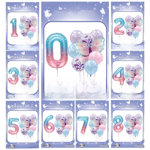 Butterfly Number Balloons Gradient Aluminum Foil Latex Confetti Balloon Kit Birthday Party Decoration For Kids Girls
