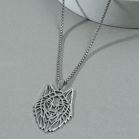 Wolf Head Necklace Pendant For Men Stainless Steel Geometric Hollow Animal Charm Punk Hip Hop Gothic Jewelry Gift