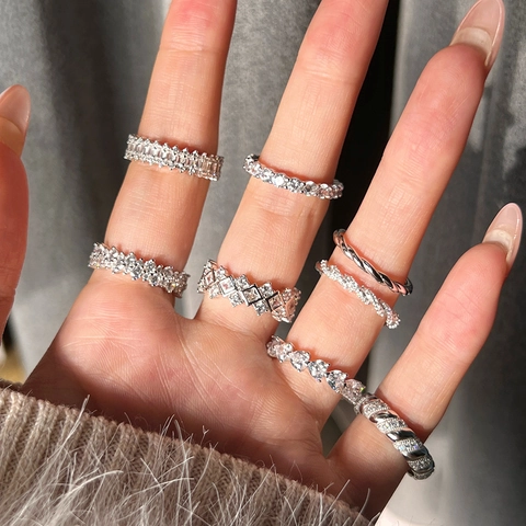 Δαχτυλίδι Από Ασήμι 925 Κυβική Ζιρκόνια Baguette Heart Cut Eternity Band Στοιβαζόμενο Στριφτό Σχοινί Κοσμήματα Γυναικών