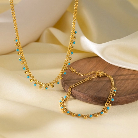 Collana A Catena Grumet In Acciaio Inossidabile Con Perline Di Turchese Blu Placcato Oro Gioielli Eleganti Per Donna