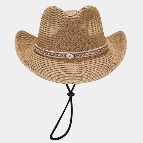 Chapeau De Cow-Boy En Paille Pour Femmes Large Bord Protection Solaire Vacances Plage Style Western Avec Corde Vent