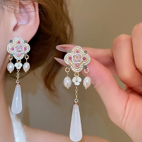 Pendientes Colgantes De Flores Estilo Corte Vintage Aleación Diamantes De Imitación Perla Artificial Falsa Resina Con Poste De Plata 925 Mujeres