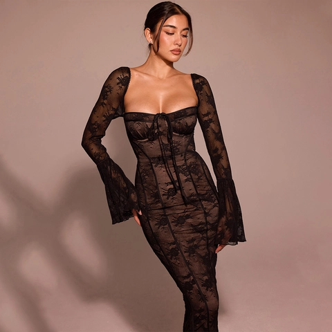Vestito Maxi Sexy In Pizzo Scollo Quadrato Maniche Lunghe A Campana Schiena Scoperta Bodycon Elegante Abito Da Sera Donna