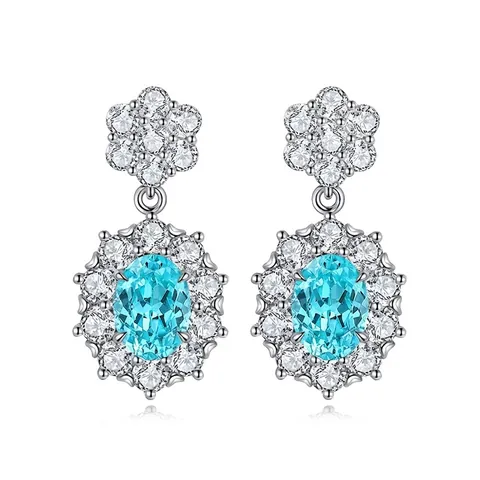 925 Sterling Silver Paraiba Blue Zirconia Drop Earrings Elegant Flower Cluster Halo Earrings For Women Jewelry Gift