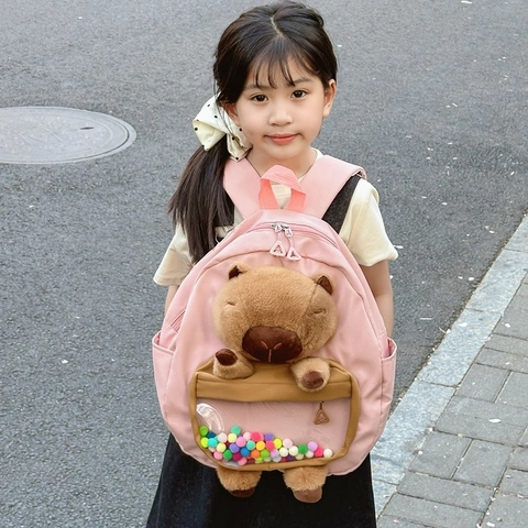 Mochila Para Niños Dibujos Animados Lindo Capibara Peluche Nylon Escolar Ventana Transparente Bolas De Colores Jardín De Infancia