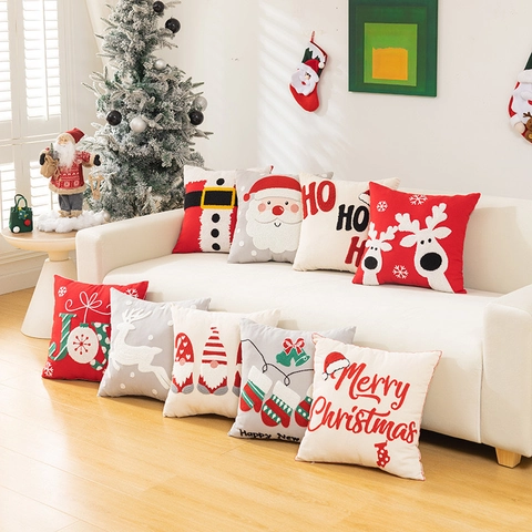 Kerst Kussenhoes Katoen Handdoek Borduurwerk Tufting Kerstman Rendier Patroon Vakantie Sofa Couch Woondecoratie Feestelijk