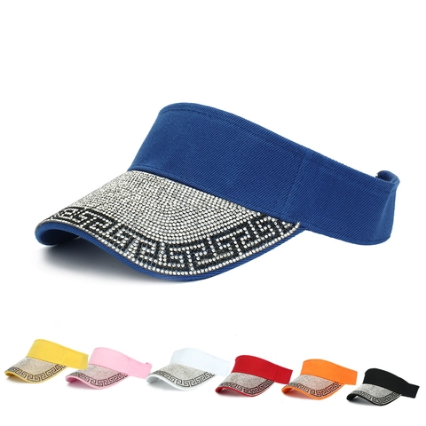 Rhinestone Sun Visor Hat Greek Key Pattern Bling Empty Top Adjustable Velcro Breathable Fashion Summer UV Protection Women
