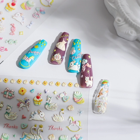 3D Embossed Nail Stickers Relief Self Adhesive Plastic Decals Cartoon Swan Unicorn Rabbit Fairyland Theme Cute DIY Manicure Decor