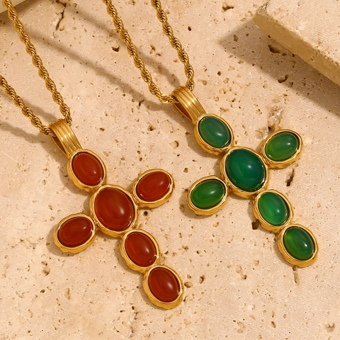 Collana Pendente Croce Vintage Acciaio Inossidabile Placcato Oro Smeraldo Rubino Sintetico Gioielli Lusso Donna Geometrico