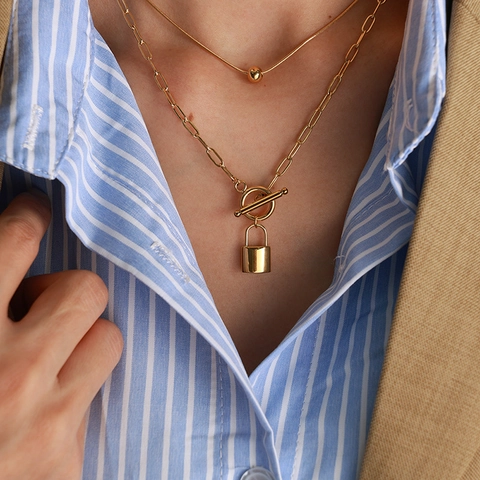 Stainless Steel Double Layer Necklace For Women Gold Plated Paperclip Snake Chain With Lock Ball Pendant Toggle Clasp Jewelry