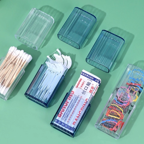 Caja de Almacenamiento Portátil de Plástico PP Transparente con Tapa Organizador de Escritorio a Rayas para Bastoncillos de Algodón