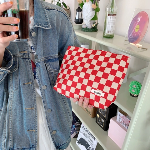 Vintage Corduroy Checkerboard Makeup Bag Contrast Color Toiletry Organizer Handheld Cosmetic Pouch For Women Travel Daily Use