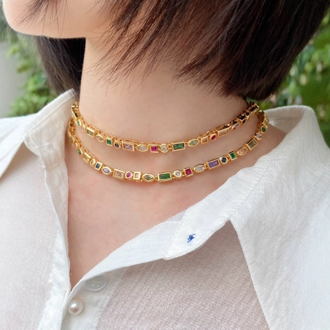 Colorful Zircon Necklace Bracelet 18K Gold Plated Copper Geometric Hip Hop Fashion Jewelry For Women
