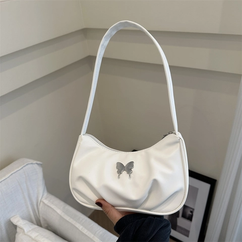 Butterfly Metal Buckle PU Leather Underarm Bag Pleated Half Moon Shoulder Bag For Women Casual Simple Retro Style