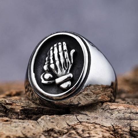 Bague Chevalière Gothique Vintage Pour Homme En Acier Inoxydable Mains De Squelette En Prière Bijoux Punk