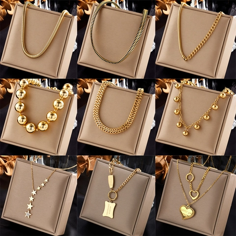 Collar De Acero Inoxidable Chapado En Oro Minimalista Punk Hip Hop Cadena De Serpiente Eslabón Cubano Colgante Corazón Estrella Joyería Mujer