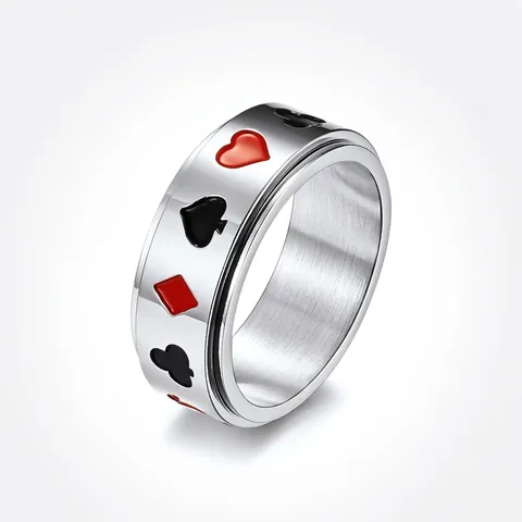 Stainless Steel Spinner Ring Poker Card Pattern Heart Spade Club Diamond Rotatable Stress Relief Jewelry For Men Women