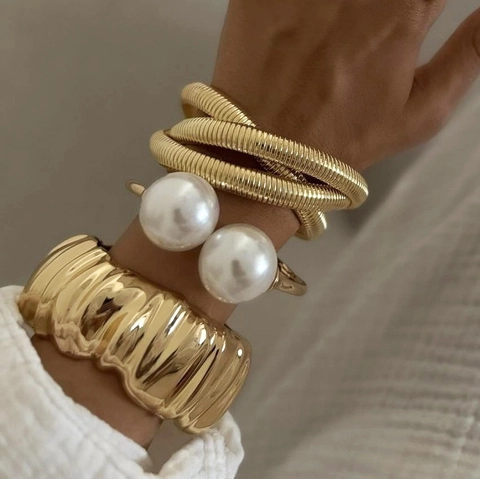 French Vintage Irregular Wrinkled Alloy Bracelet Ring Set Gold Silver Plated Artificial Pearl Open Cuff Bangle For Women