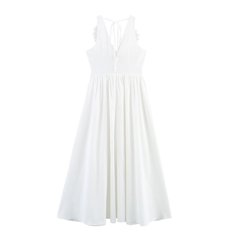 Women White Maxi Dress Lace Crochet V-Neck Backless Halter Bohemian Summer Vacation Casual Sleeveless Solid Polyester
