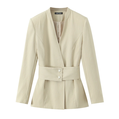 Ensemble Blazer Et Pantalon Large Femme Beige Couleur Unie Polyester Avec Ceinture Élégant Minimaliste Tenue Bureau