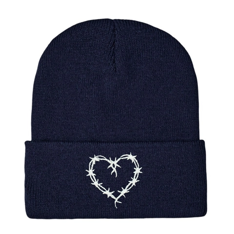 Acrylic Knitted Beanie Hat Heart Barbed Wire Embroidery Streetwear Winter Warm Cuffed Skull Cap Trendy Casual