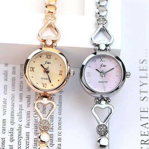 Orologio Da Polso Al Quarzo Da Donna Bracciale Con Maglie A Cuore E Strass Quadrante Rotondo Numeri Romani Elegante