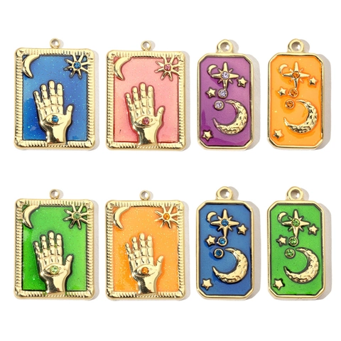 Pendentifs Rectangulaires Acier Inoxydable Émail Strass Main De Hamsa Lune Étoile Style Tarot Vintage Pour Bijoux