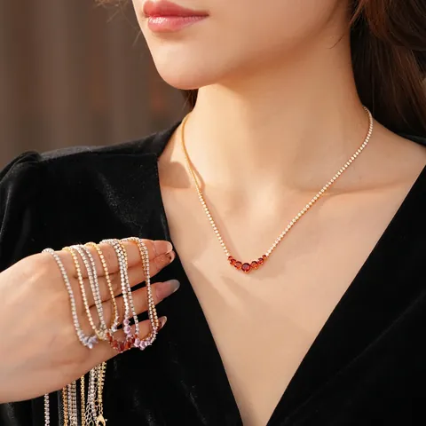 Collana Con Pendente In Zircone Rotondo Graduato Rame Catena Da Tennis Lusso Leggero Elegante Catena Da Clavicola Donna