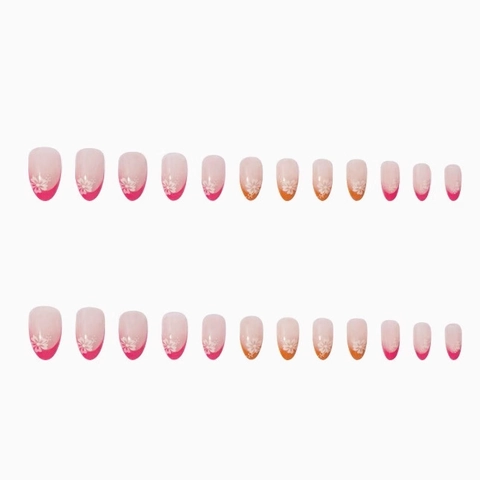 Press On Kunstnagels Frans Gradiënt Roze Oranje Witte Bloem Amandelvorm Kunstnagels Voor Vrouwen Zomer Stijl