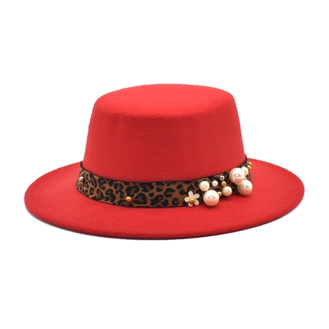 Sombrero Fedora Fieltro De Lana Copa Plana Cinta Leopardo Perla Artificial Flor Retro Elegante Mujeres Estilo Occidental