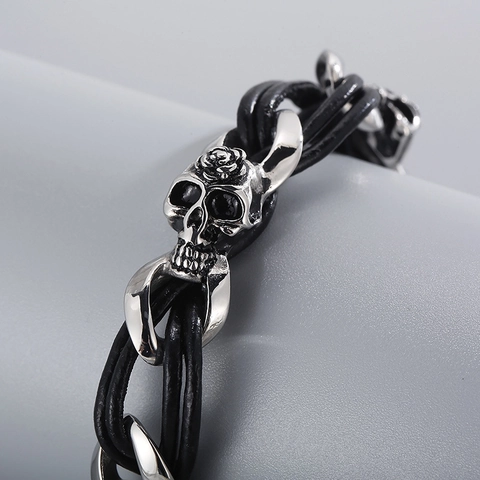 Geflochtenes Lederarmband Für Herren Mit Edelstahl Totenkopf Punk Gothic Retro Rock Schmuck Flechtarmband