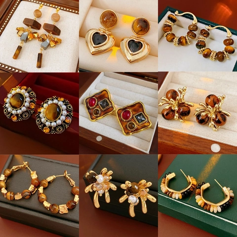 Vintage Ronde Tijgeroog Oorbellen Geometrische Hars Studs Met 925 Sterling Zilveren Oorsteker Retro Voor Dames