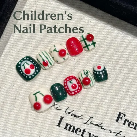 Kids Press On Nails Cute 3D Cherry Design Plaid Polka Dot Resin Square Head Artificial False Fingernails For Girls