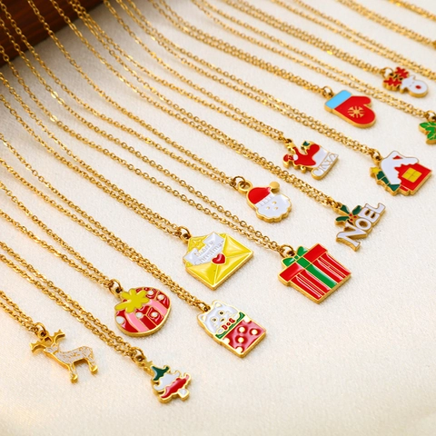 Christmas Pendant Necklace Stainless Steel Enamel Santa Reindeer Festive Dainty Gold Jewelry For Women Accessories