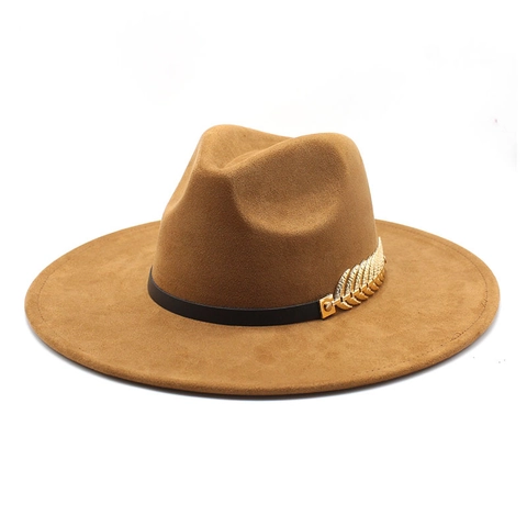 Mode Vintage Fedora Hut Mit Breiter Krempe Für Damen Wildleder Polyester Jazz Hut Mit Goldblatt Dekoration Eleganter Hut