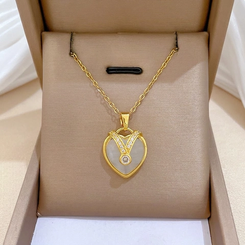 Herz Anhänger Halskette Weißer Katzenaugenstein Und Zirkon Edelstahl Titanstahlkette Eleganter Schmuck Für Frauen