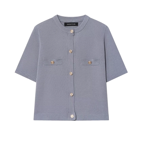 Completo in Maglia da Donna Primaverile Cardigan a Maniche Corte Girocollo e Minigonna a Trapezio Con Bottoni in Metallo Stile Elegante