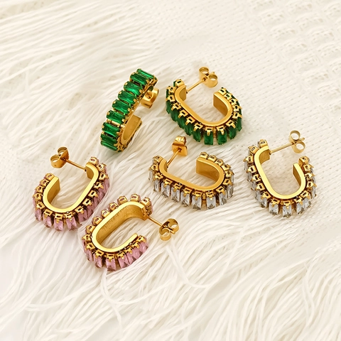 Geometric U-Shaped Hoop Earrings Women 18K Gold Plated 304 Stainless Steel Waterproof Hypoallergenic Zircon Inlaid Chic