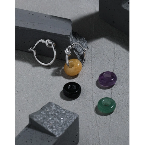 925 Sterling Silver Knot Hoop Earrings With Interchangeable Natural Stone Ring Charms Minimalist Commuter Style For Women