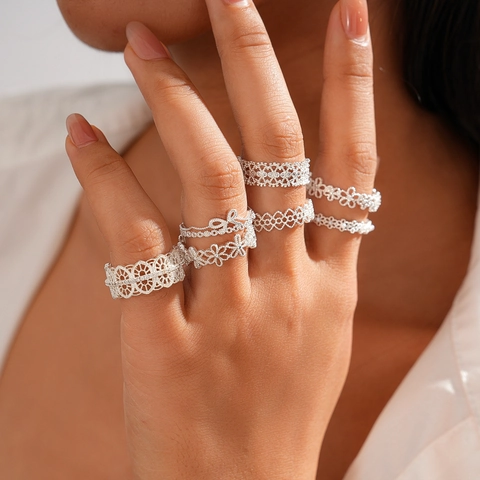 Elegant Hollow Flower Adjustable Ring Copper Zircon Oval Geometric Jewelry For Women Silver Color Light Luxury Style