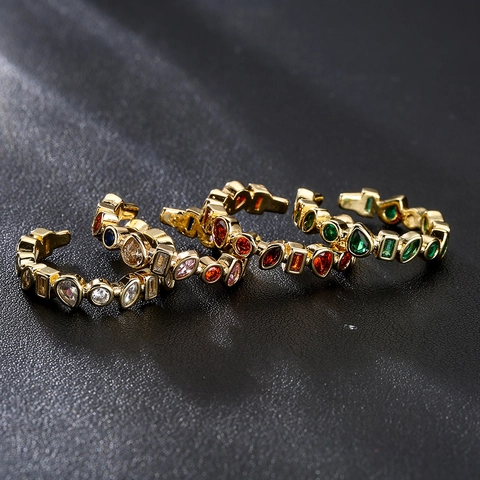 Adjustable Open Ring Geometric Copper 18K Gold Plated Irregular Inlaid Colorful Zircon Minimalist Jewelry For Women
