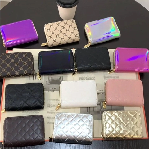 Holographic Laser Quilted Faux Leather Accordion Card Holder Wallet Multi Slot Zipper Mini Coin Purse For Women